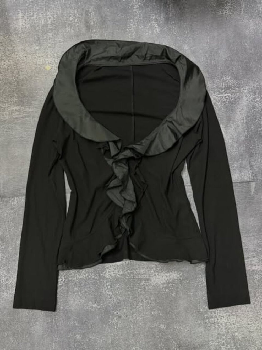 Black Long-Sleeve Ruffle Shawl Collar Blouse Top